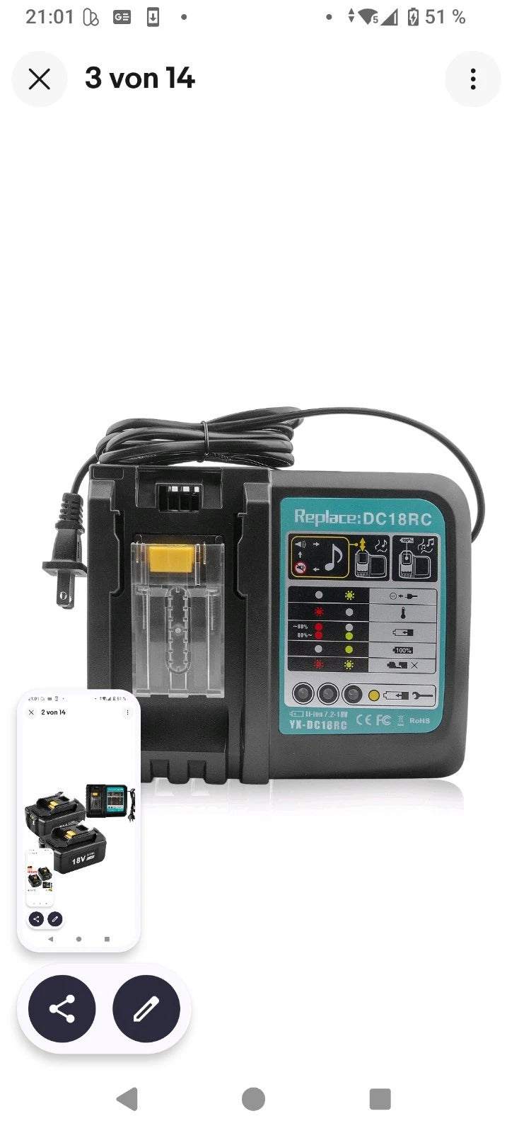 2x 6Ah Akku + Ladegerät Set 18V – kompatibel mit Makita BL1860, BL1850, BL1840