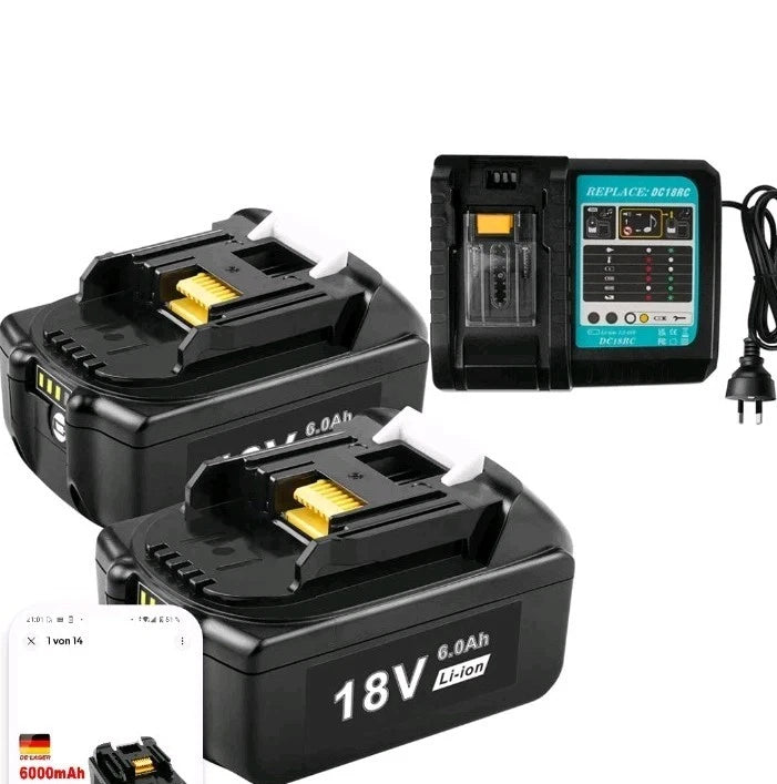 2x 6Ah Akku + Ladegerät Set 18V – kompatibel mit Makita BL1860, BL1850, BL1840